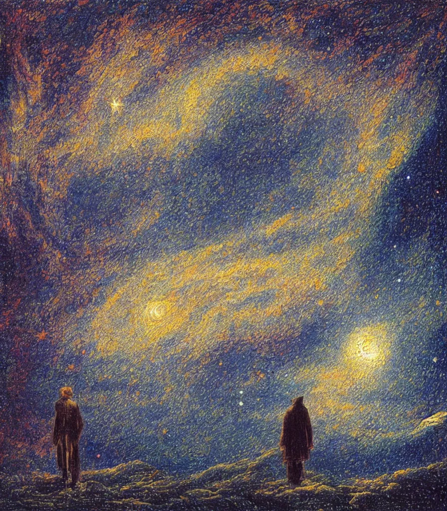 Prompt: an impasto oil painting of a futuristic wanderer gazing into a the universe painted by caspar david friedrich, light colors, starts, galaxy, pointilism