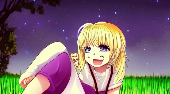 Prompt: Lucy Heartfilia sitting in a field of Clover | Big Moon at Night | GLOWING FLOWERS | strong blue rimlit | visual-key | anime illustration | highly detailed | in the style of Anmi