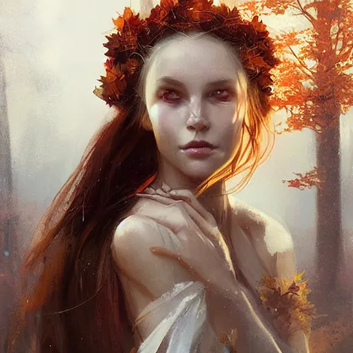 Image similar to portrait of a beautiful autumn fairy by greg rutkowski, fantasy, realism, trending on artstation