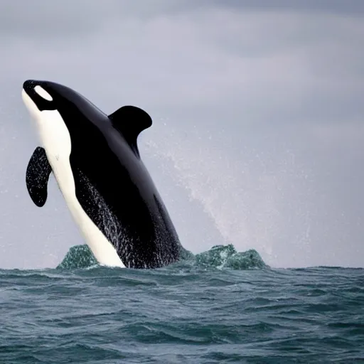 Prompt: killer whale orca jumps over stormy ocean waves. realistic photo.