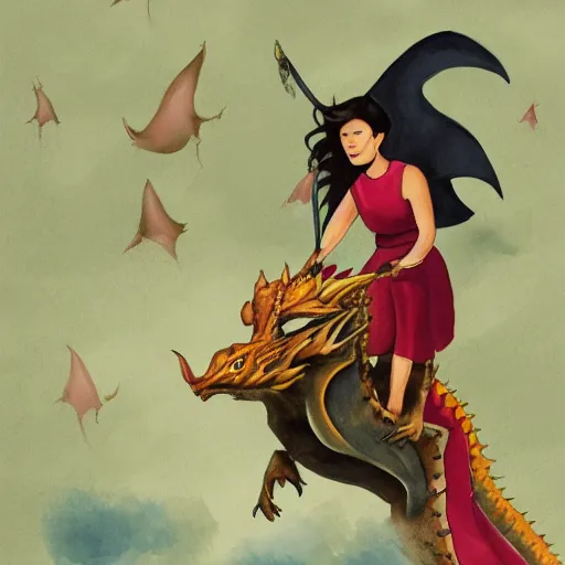 Image similar to a girl riding a dragon, trending on artststion