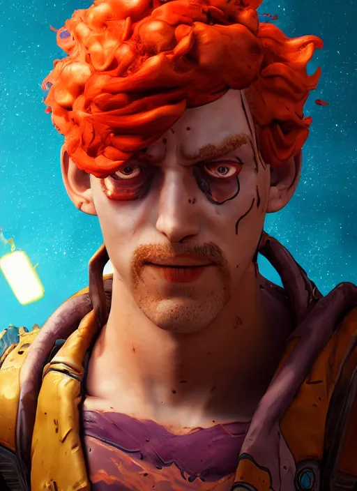 Image similar to glowwave portrait of curly orange hair man from borderlands 3, au naturel, hyper detailed, digital art, trending in artstation, cinematic lighting, studio quality, smooth render, unreal engine 5 rendered, octane rendered, art style by klimt and nixeu and ian sprigger and wlop and krenz cushart.