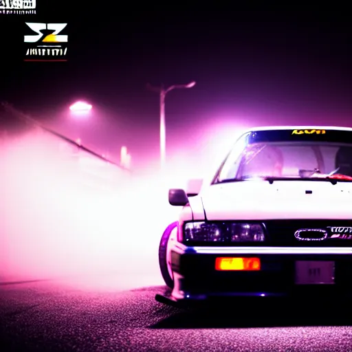 Image similar to a car JZX90 turbo drift at illegal car meet, Saitama prefecture, city midnight mist lights, cinematic color, photorealistic, highly detailed wheels, 50MM