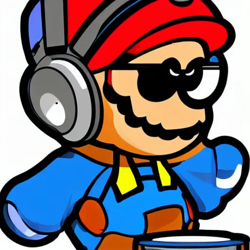 Image similar to svg sticker of a Pop-Wonder SuperMario, Mario-Wearing-a-red-hat, at a rave, spinning records, giant headphones rocking out, wearing headphones, huge speakers, dancing, rave, DJ, spinning records, digital art, amazing composition, rule-of-thirds, award-winning, trending on artstation, featured on deviantart