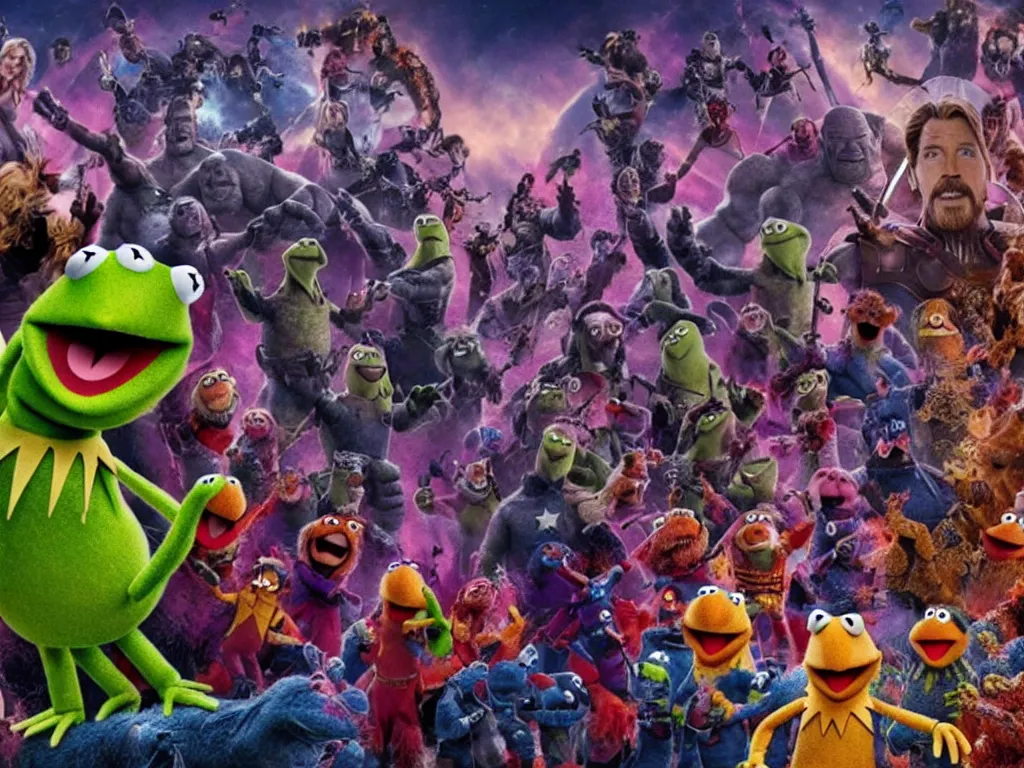 Image similar to A still of The Muppets in the final fight against Thanos, Avengers Endgame, epic, cinematic