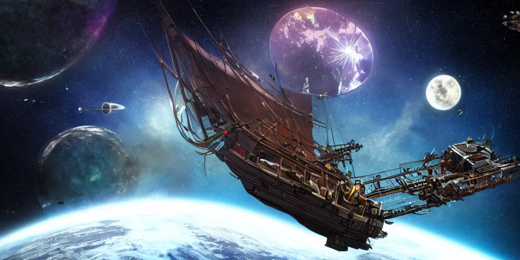 Image similar to a sci - fi pirate ship in space