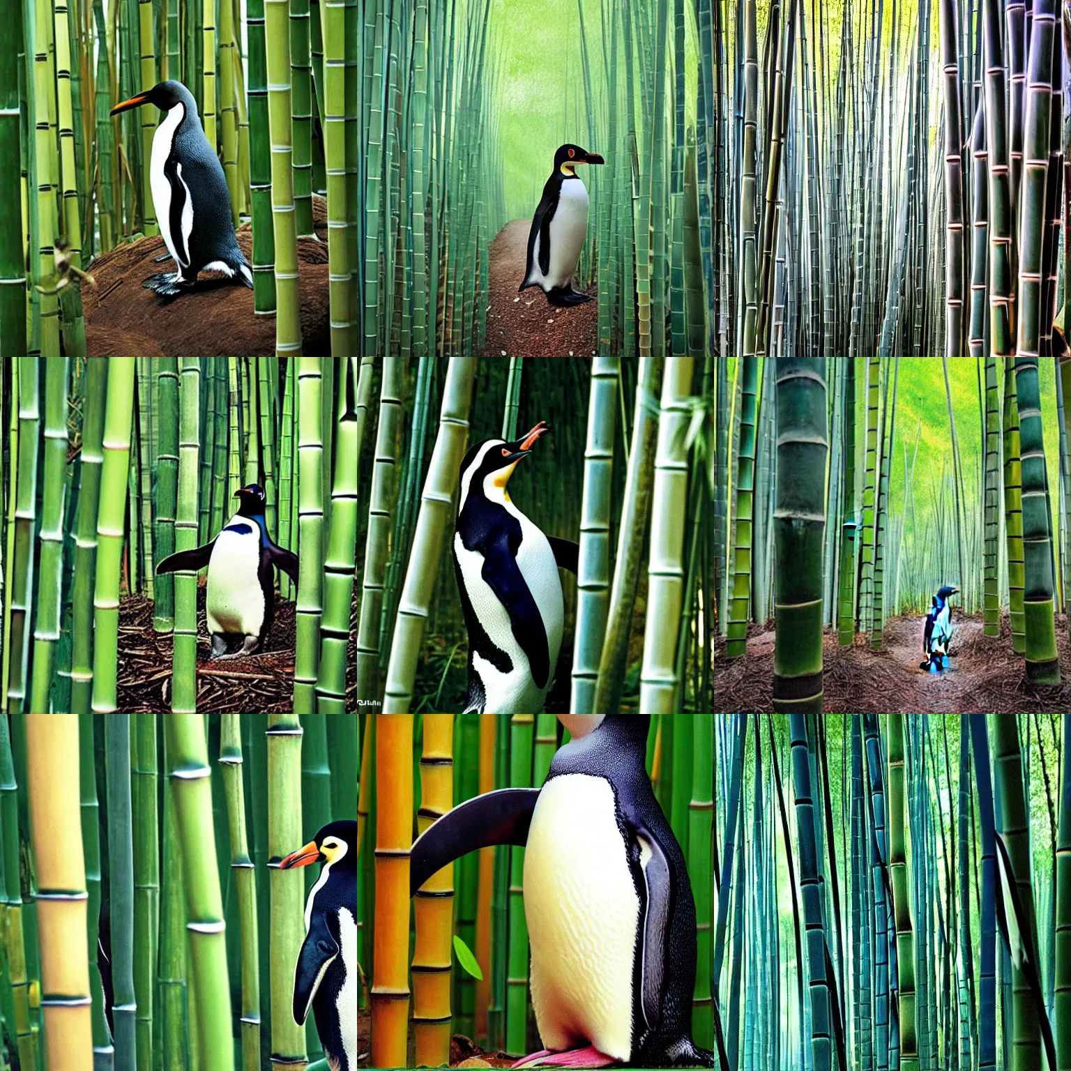 Prompt: an award winning national geographic photograph of a penguin in a bamboo forest, watercolored