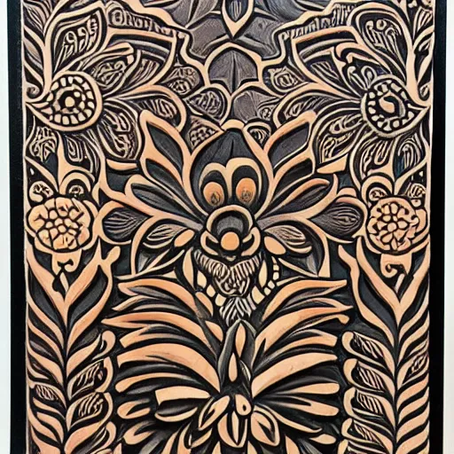 Prompt: Painted wood relief carving of Flowerpunk, explosion of flowers, intricately carved, fractal, tarot, black ink, holi