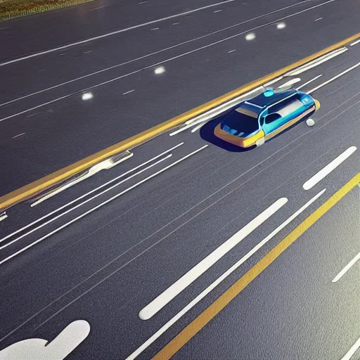 Prompt: automated cars on solar roadways, photorealistic rendering. artstation, 4 k, hyperrealism