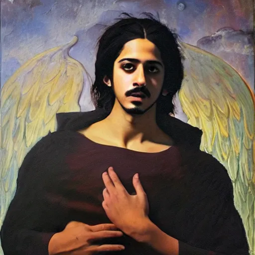 Image similar to Oil painting of the handsome Avan Jogia with angel wings, naturalism, dramatic lighting, high-detailed oil painting by Ilya Repin, Michelangelo da Caravaggio, William Blake, Alex Grey and Beksinski, trending on Artsatio, masterpiece, 4k, 8k,