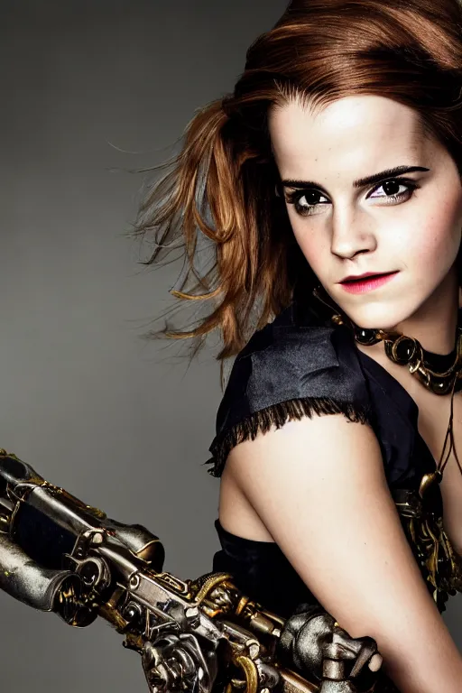 Image similar to emma watson, steampunk style, studio portrait photo, beautiful, high resolution, sharp focus, 50mm lens