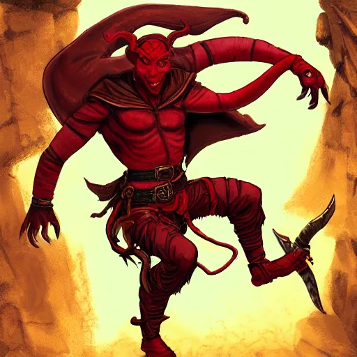 Prompt: d & d red skinned rogue tiefling, duel wielding daggers leaping jump attack, using dwarf as stepping stone, jump from dwarf to enemy, walk over dwarf, fantasy, concept art highly detailed