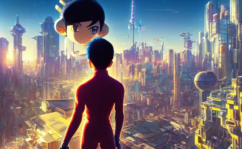 Prompt: The Cybertronic city of anime character Astroboy, panoramic city scape, golden hour sunlight, award winning painting, artstation, concept art, digital painting, Unreal Engine 5, 8K, art by artgerm and greg rutkowski and makoto shinkai and alphonse mucha and ross tran