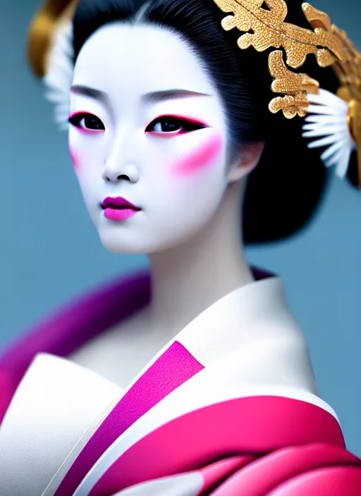 Image similar to Geisha extreme closeup photo portrait, beautiful pale makeup, pearlescent skin, elegant pose, very detailed, highly detailed kimono, photorealism, artstation, different point of view, sharp focus, photorealistic, soft diffuse lights, canon 5D 50 mm lens, zen natural background, def of field