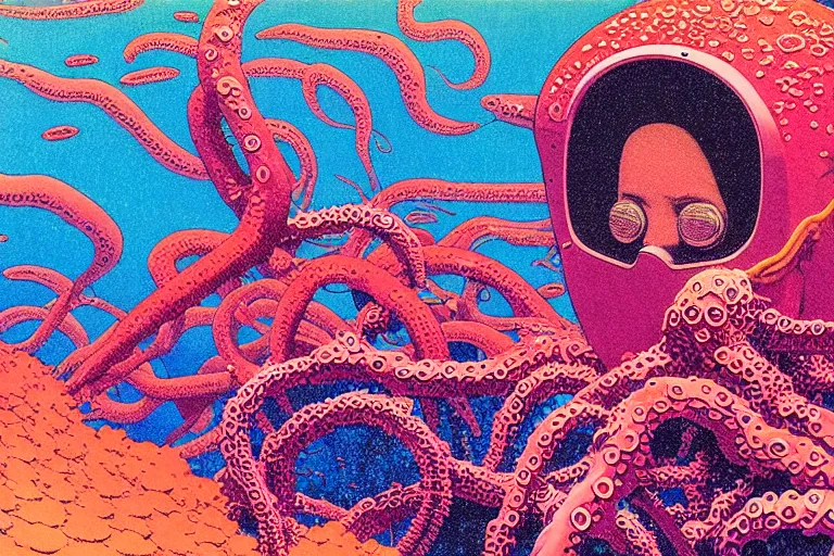 Image similar to risograph grainy drawing vintage sci - fi, satoshi kon color palette, gigantic gundam full - body covered in iridescent dead coral reef 1 9 6 0, kodak, with lot tentacles, natural colors, codex seraphinianus painting by moebius and satoshi kon and dirk dzimirsky close - up portrait