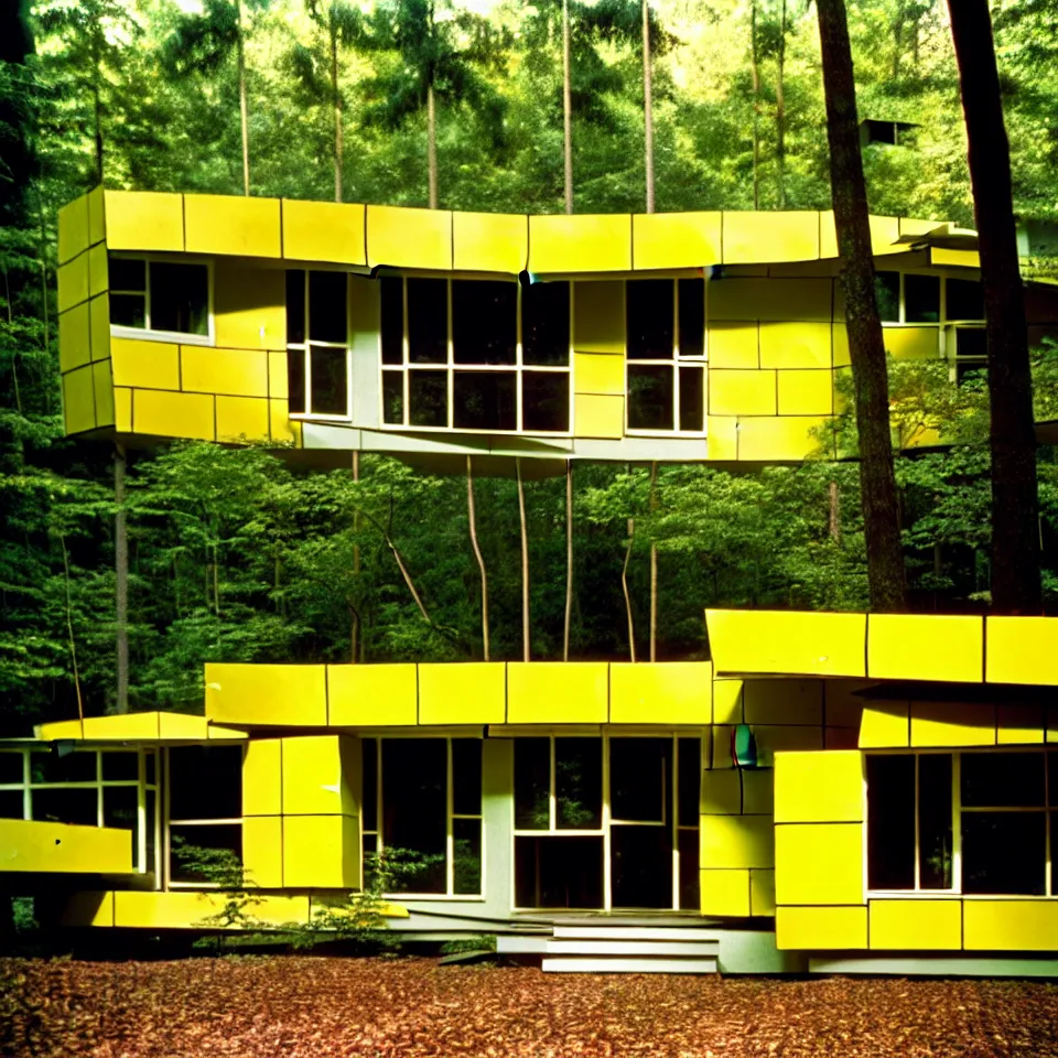 Image similar to a mid-century modern house with big tiles, from afar, in a forest, designed by Frank Gehry. Film grain, cinematic, yellow hue