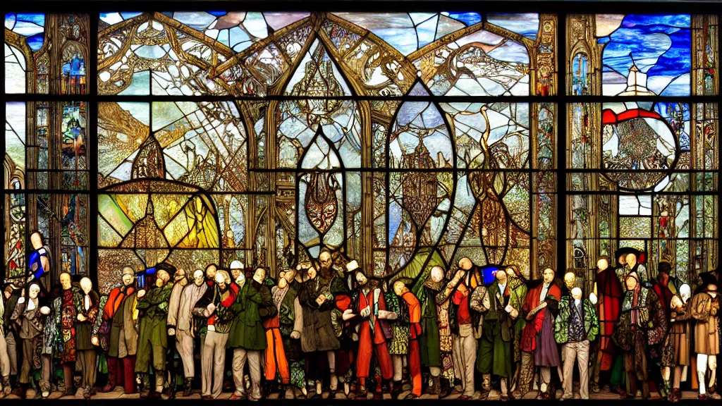 Prompt: stained glass wall, by ralph steadman, by richard dadd, septenary, hexadecimal, crepuscular rays, reflective, wrought iron, stained glass windows, in a symbolic and meaningful style, insanely detailed and intricate, hypermaximalist, elegant, ornate, hyper realistic, super detailed, featuring the wu tang clan