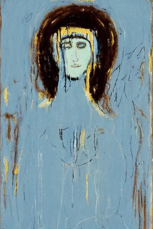 Prompt: light blue, virgin mary of lourdes painted by cy twombly and basquiat