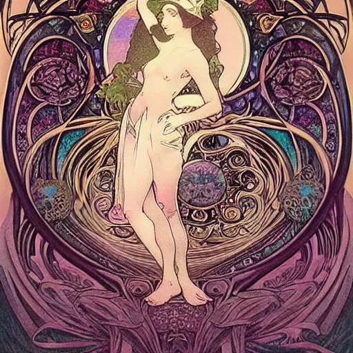 Image similar to Alice in Wonderland,Diamonds Blaze,Rose twining,out of time and space,dreamy, eternity, romantic,highly detailed,in the style of Alphonse Maria Mucha, highly detailed,night lighting