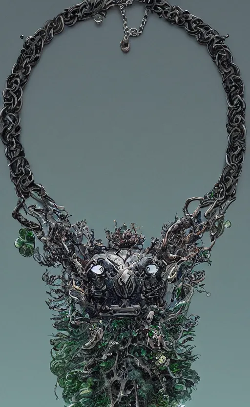 Prompt: a close view of a necklace with a small forest green crystal pulsing light, cloth accessories, front game card, drark, marvel comics, dark, intricate, highly detailed, smooth, artstation, digital illustration by ruan jia and mandy jurgens and artgerm and wayne barlowe and greg rutkowski and zdislav beksinski