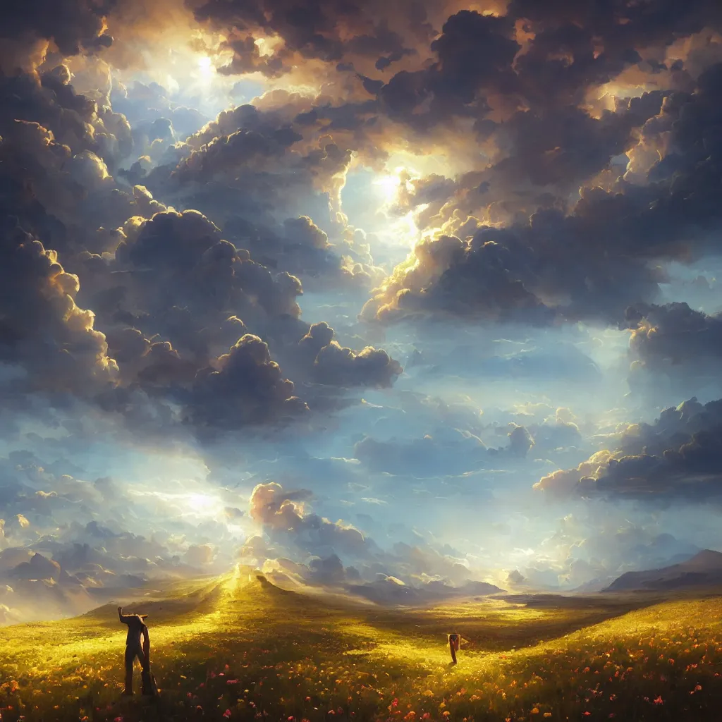 Image similar to a sending down [ of the revelation ] from him who created the earth and the lofty heavens, overdetailed art, by greg rutkowski, by rhads, tornado of flowers, sharp focus