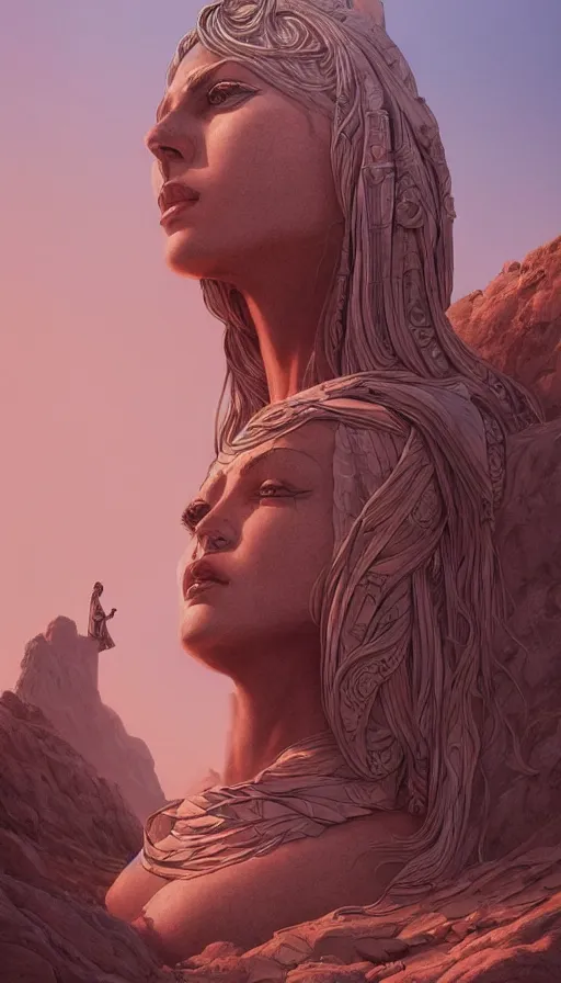 Image similar to giant stone monuments, statues across the desert, neon, tribal, goddess, fibonacci, sweat drops, insane, pinup, intricate, highly detailed, digital painting, artstation, concept art, smooth, sharp focus, illustration, Unreal Engine 5, 8K, art by artgerm and greg rutkowski and alphonse mucha