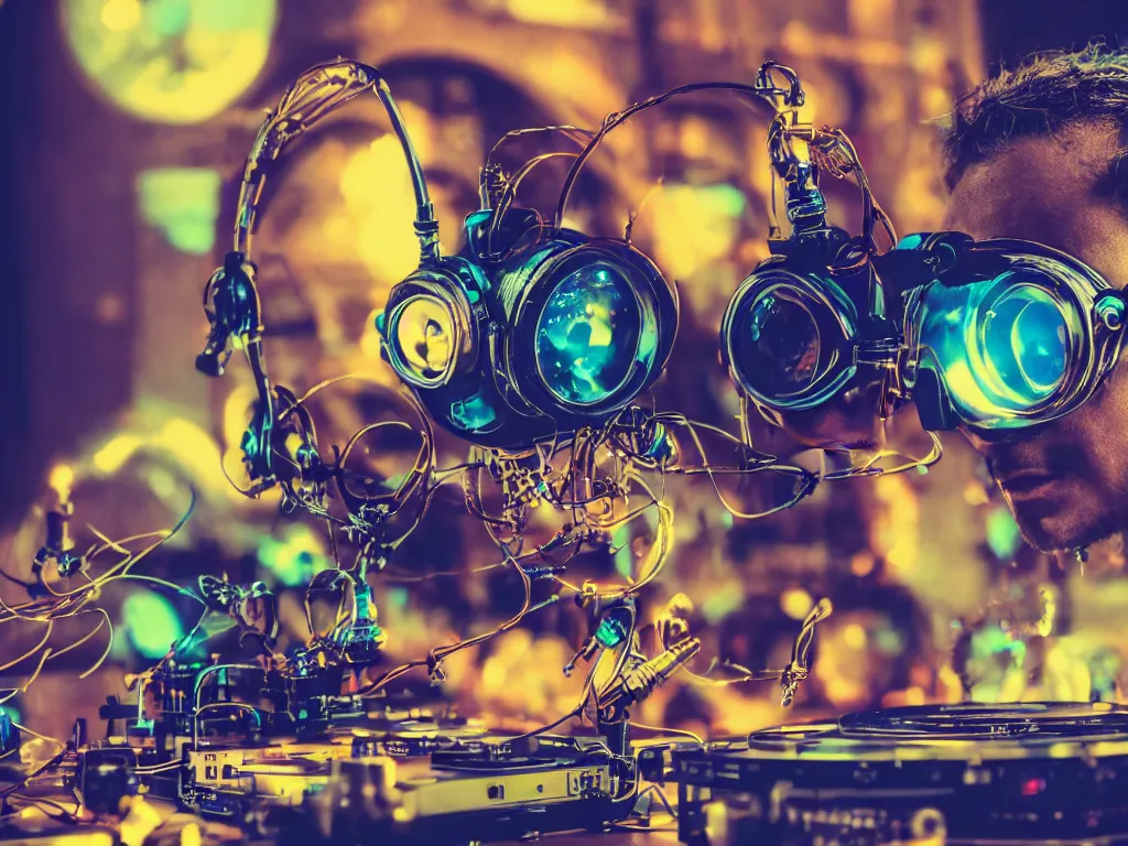 Image similar to a person wearing goggles and visor and headphones using a steampunk record player contraption, wires and tubes, turntablism dj scratching, intricate planetary gears, cinematic, imax, sharp focus, leds, bokeh, iridescent, black light, fog machine, hazy, lasers, hyper color digital art, cyberpunk