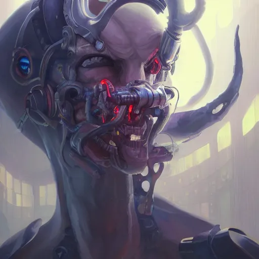 Image similar to portrait of a grotesque cybernetic ghoul, cyberpunk concept art by pete mohrbacher and artgerm and wlop and greg rutkowski and deathburger, digital art, highly detailed, intricate, sci-fi, sharp focus, Trending on Artstation HQ, deviantart, unreal engine 5, 4K UHD image