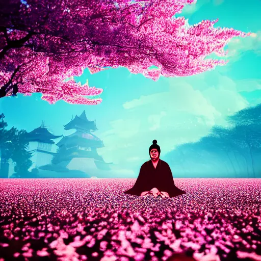 Prompt: A lone samurai sitting in a field of cherry blossom trees, decayed, glitch art, concept art, HD —H 1024