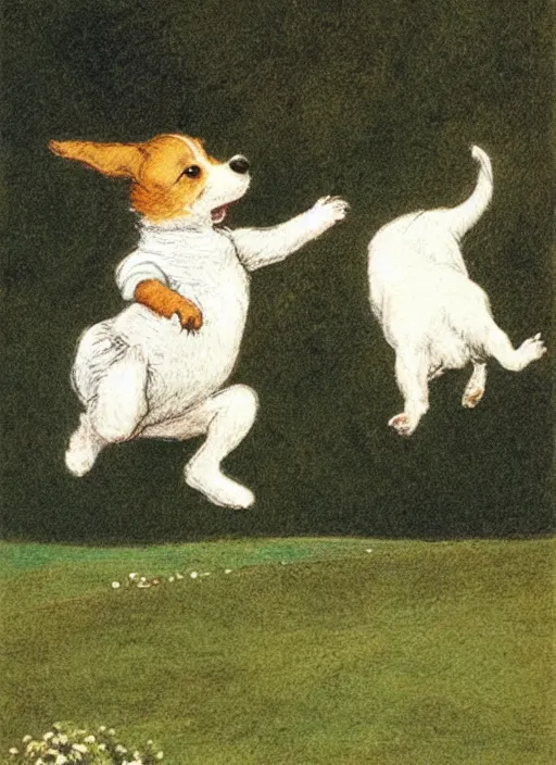Prompt: jack russel terrier jumping off the grass, illustrated by peggy fortnum and beatrix potter and sir john tenniel