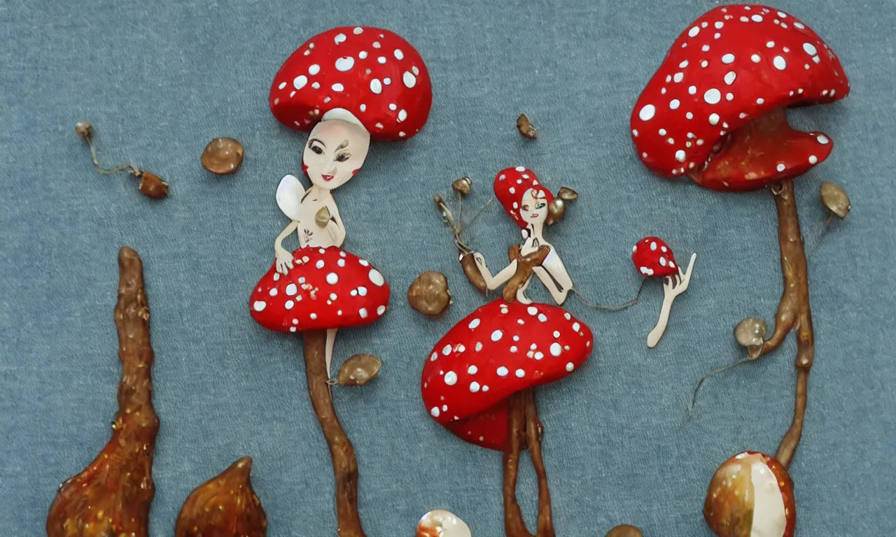 Image similar to beautiful anthropomorphic mushroom woman, buxom, silk, chiffon, patent leather, steel studs, denim, leather, jewels, amanita myscaria