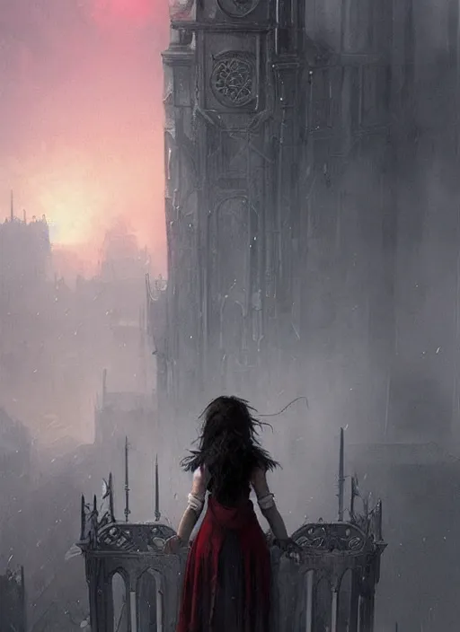 Prompt: a teenage girl with very short dark hair and a tattered grey cloak. she stands on top of a building in a gothic fantasy city. the sky has a red glow and ash is falling. beautiful painting by greg rutkowski