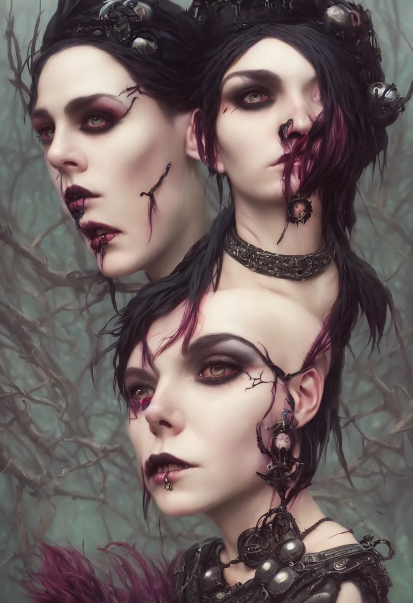 Image similar to beautiful very extreme closeup portrait, goth girl, piercings collar, mohawk hairstyle, medieval dress. witch, makeup. unreal engine, greg rutkowski, loish, rhads, beeple, tom bagshaw, alphonse mucha, global illumination, detailed and intricate environment