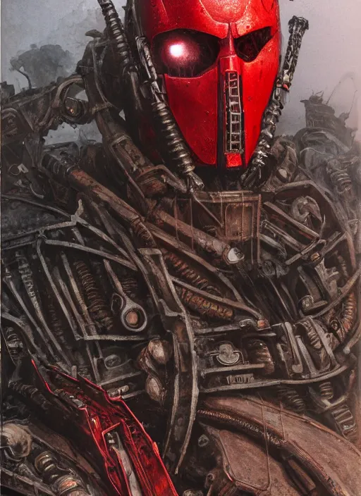 Image similar to portrait of rotten Nicolas Cage as adeptus mechanicus in red hood and robe from Warhammer 40000. Highly detailed, artstation, illustration by and John Blanche and zdislav beksinski and wayne barlowe