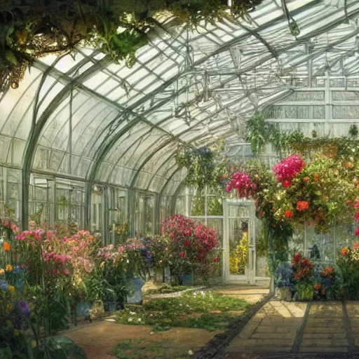 Image similar to a beautifull intricate watercolour painting of a greenhouse with many flowers, reflexions, verry high details by william turner art, greg rutkowski and alphonse mucha, trending on artstation, very very detailed, masterpiece