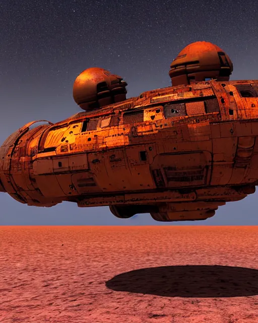 Image similar to a rusty starship in the desert in the style of chris foss and rodger dean