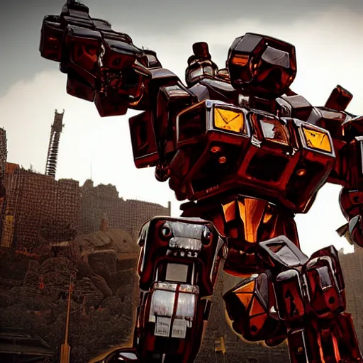 Image similar to a shiny ornate boxing humanoid mecha in ruin city, victory, punk style, by war robots, real steel ( 2 0 1 1 ), westworld and eve venture and pacific rim and machine warrior 5, cryengine, frostbite 3 engine, scarlet and yellow scheme, sharp focus, 8 k, high definition, insanely detailed, soft lighting, smooth face