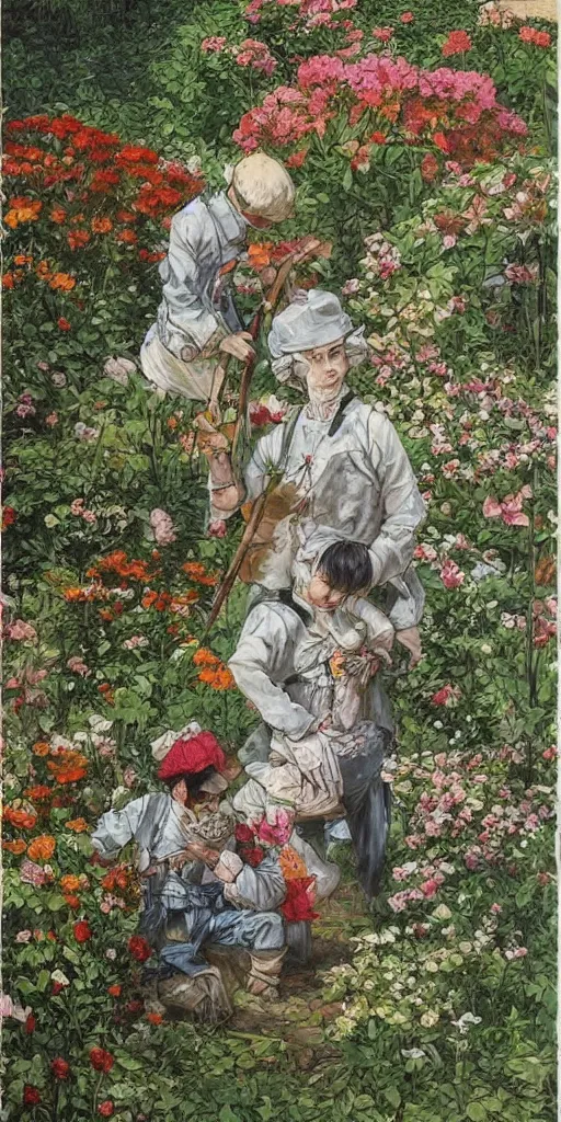 Prompt: oil painting scene from gardeners in the flower garden by kim jung gi