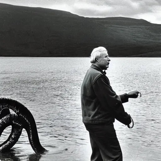 Prompt: Sir David Attenborough at a lake, with Loch Ness Monster Nessie plesiosaur in the water