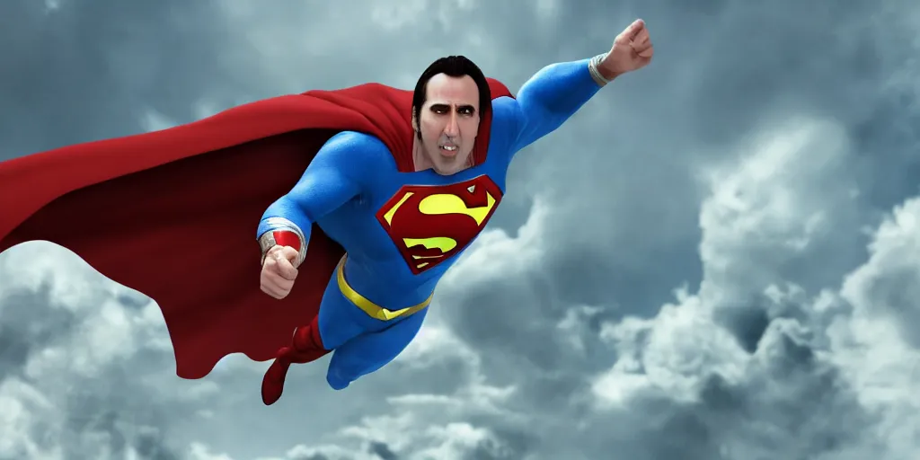 Image similar to a cinematic scene of nicolas cage as super man, vray render, realistic, cinematic lighting, clear face, majestic, 8 k