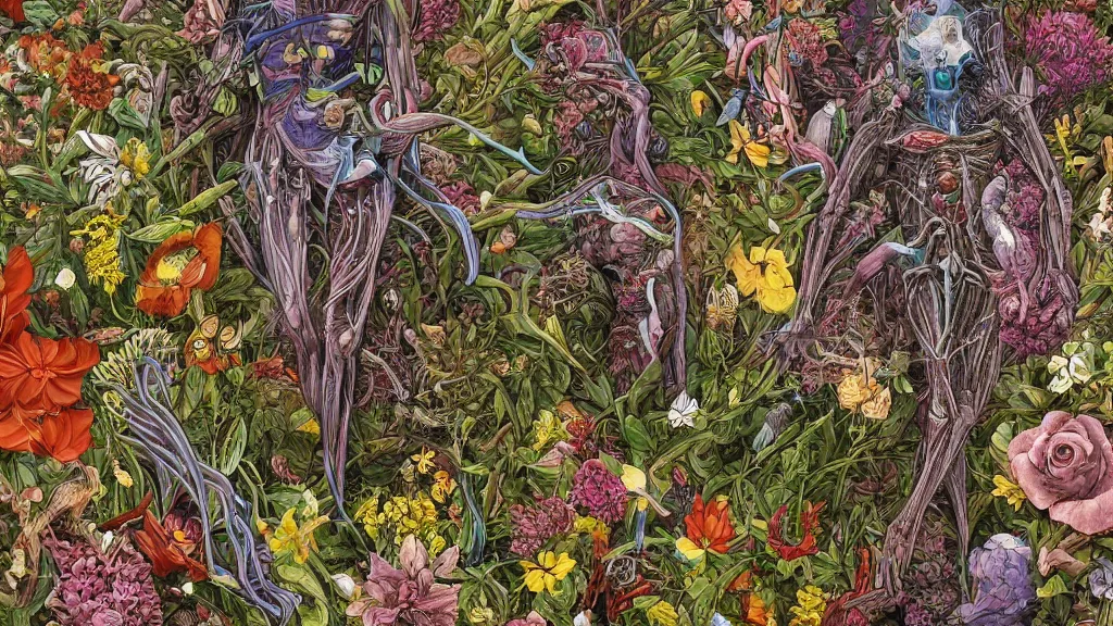 Image similar to highly detailed illustration of a human anatomy body with all the known species of flowers by juan gatti, by moebius!, by oliver vernon, by joseph moncada, by damon soule, by manabu ikeda, by kyle hotz, by dan mumford, by kilian eng