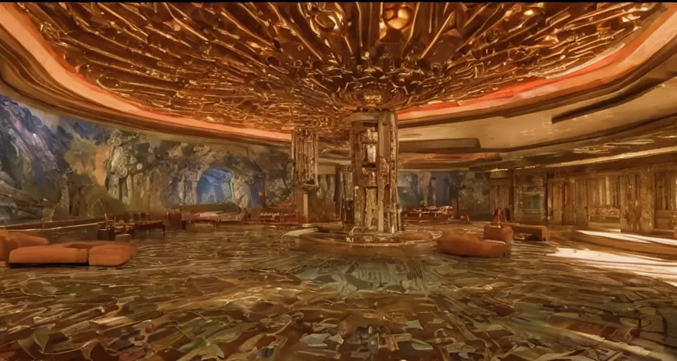 Image similar to An establishing shot from a 2021 Marvel film of the interior of an opulent a fantasy palace designed by Frank Lloyd Wright. Incredibly beautiful.