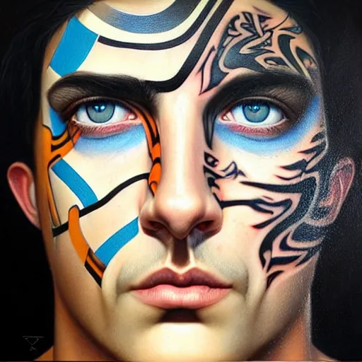 Image similar to ultra realistic portrait painting of a perfect handsome man blue eyes black hair, neck tribal snake tattoo, painted by Tristan Eaton Stanley Artgerm and Tom Bagshaw