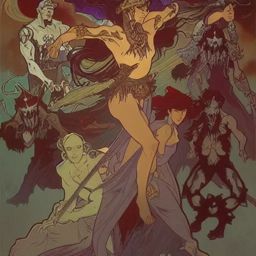 Image similar to a necromancer is fighting a horde of demons with magic, medium level shot , epic fight scene, Alphonse Mucha style , Grim fantasy, illustration ,concept art,