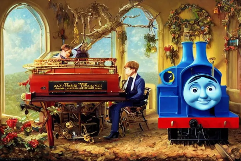 Image similar to elton john playing a piano on top of thomas the tank engine, an oil painting by ross tran and thomas kincade