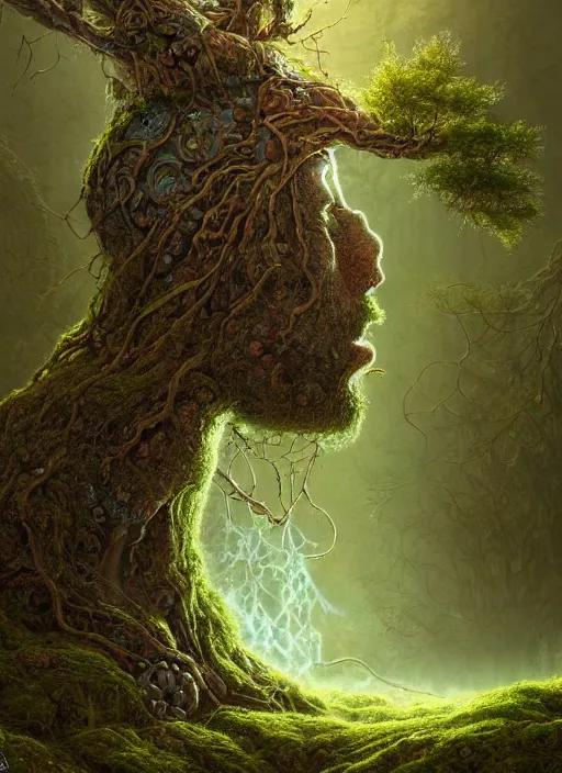 Image similar to Portrait of an Ancient Robot with a tree growing out of its head, patches of moss, translucent leaves, extremly detailed digital painting, in the style of Tomasz Alen Kopera and Fenghua Zhong and Peter Mohrbacher, mystical colors, rim light, beautiful lighting, 8k, stunning scene, raytracing, octane, trending on artstation