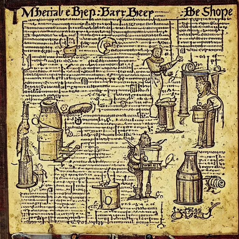 Image similar to middle age illustrated recipe for beer making ( ( ( ( a beer shoppe ) ) ) ) lot of medieval enluminures in the background explaining the recipe, schematic in a notebook