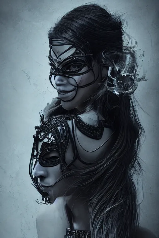 Prompt: portrait of a beautiful young woman wearing a hyper detailed laced sheer black mask detailed stitching, beautifully lit,, cinematography, 8 k post production, atmospheric background, ambient occlusion, global illumination by tooth wu, wlop, art station trending