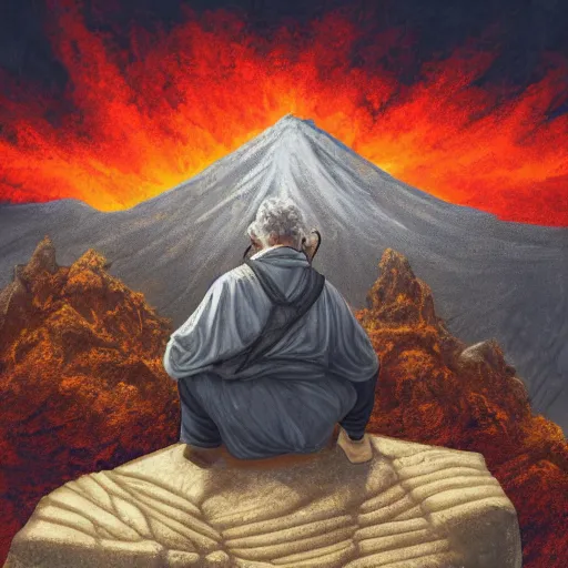 Image similar to painting of an old man with a silver gray beard and ragged robes knelt down on the peak of a mountain, the sky above is wreathed in flames, the man chisels an inscription on a stone, realistic, detailed, ancient, digital art, apocalyptic, earth tones, dramatic, cinematic lighting