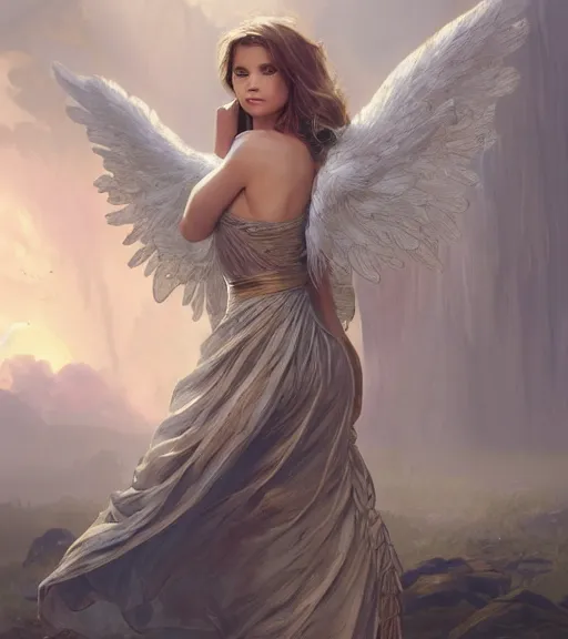 Image similar to angel, full dress, full body portrait, gentle, female, ruins landscape, d & d, fantasy, intricate, elegant, highly detailed, digital painting, white gold color palette, artstation, octane render, concept art, matte, sharp focus, illustration, hearthstone, art by artgerm and greg rutkowski and alphonse mucha